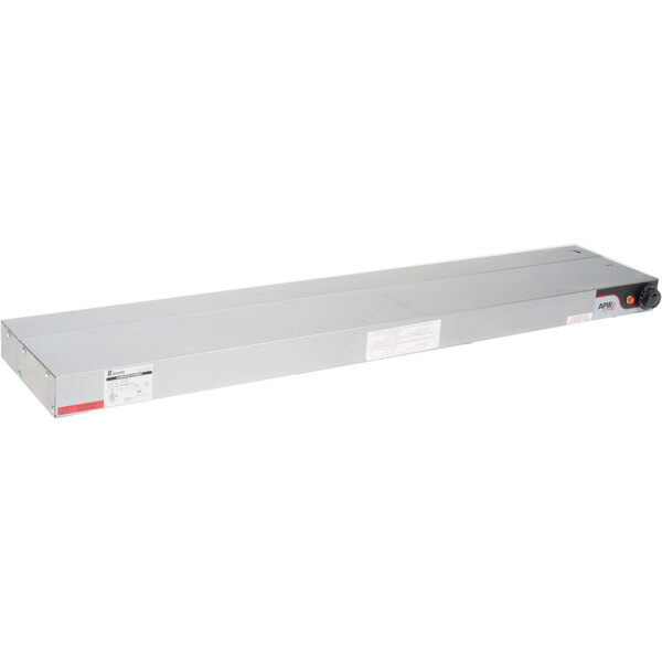A white metal rectangular box with red labels and a long metal shelf with red lights.
