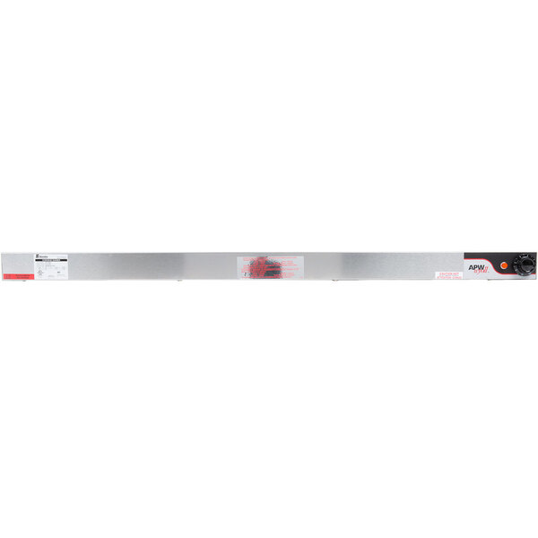 A long metal rectangular food warmer with red and black labels on one end and a red and white light on the other.