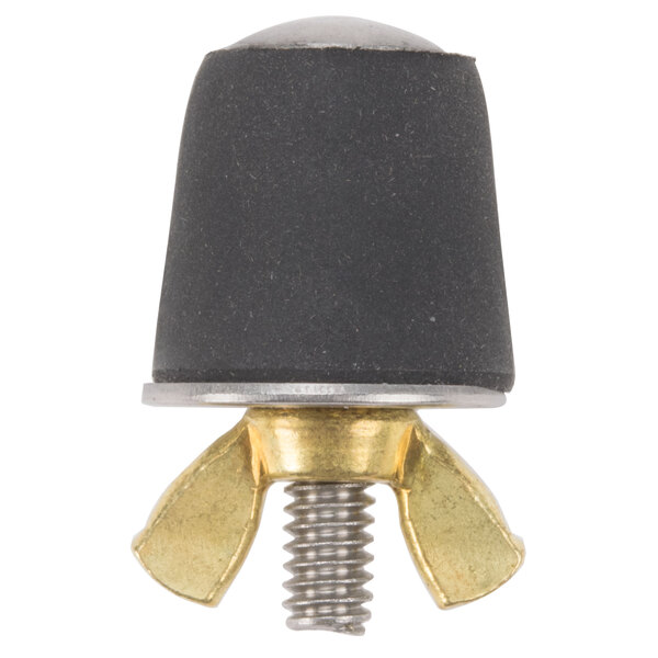 A close-up of a black and gold screw and nut on a white background.