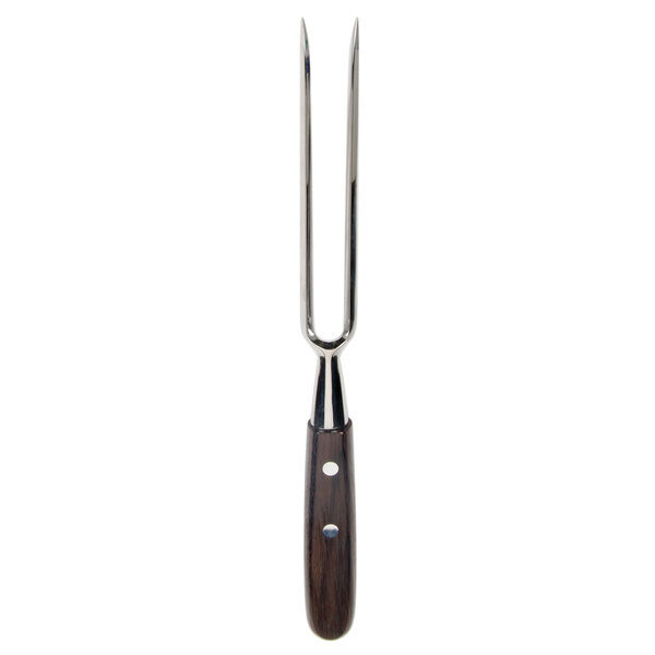 A Victorinox carving fork with a rosewood handle and metal tines.