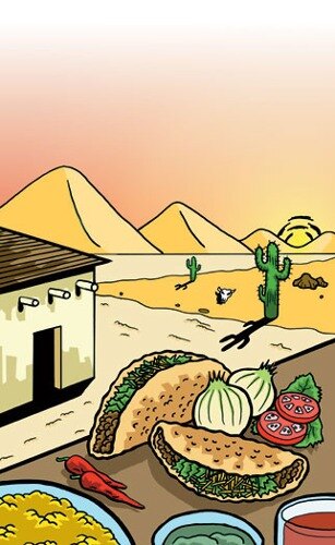 Southwest themed menu paper with a cartoon of a desert landscape, including tacos and vegetables on a yellow plate.