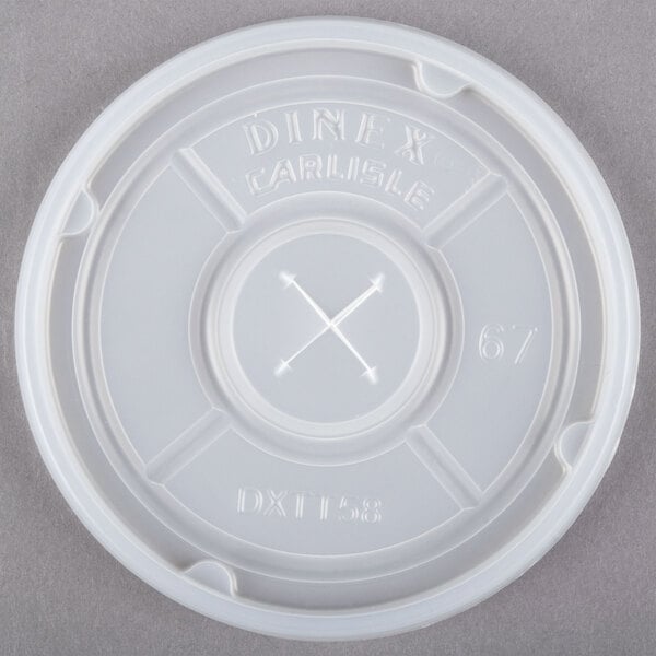 A white translucent plastic lid with a straw slot and an "X" with arrows.
