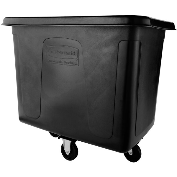A black Rubbermaid plastic cube truck with wheels.