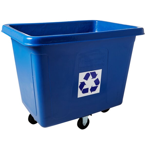 A blue Rubbermaid recycling cube truck with wheels.