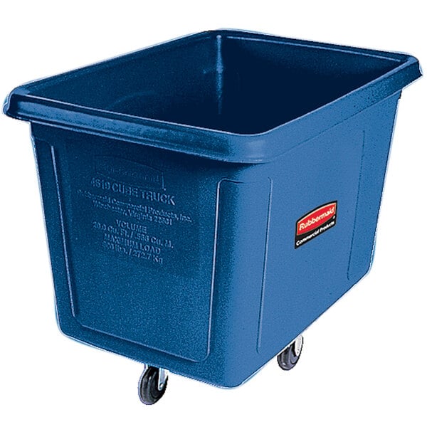 A dark blue Rubbermaid plastic container on wheels.