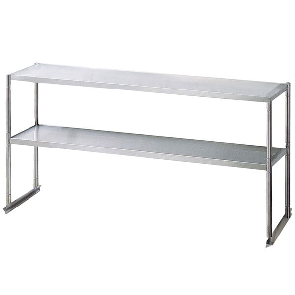 A stainless steel Turbo Air double overshelf on a counter.