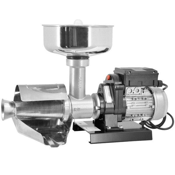 A Reber stainless steel electric tomato mill with a motor.