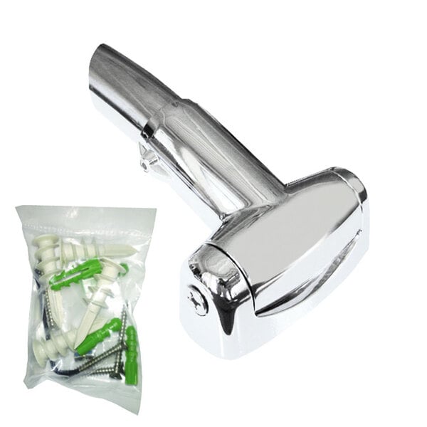 A silver metal Crescent Suite swivel bracket for a shower rod in a plastic bag.