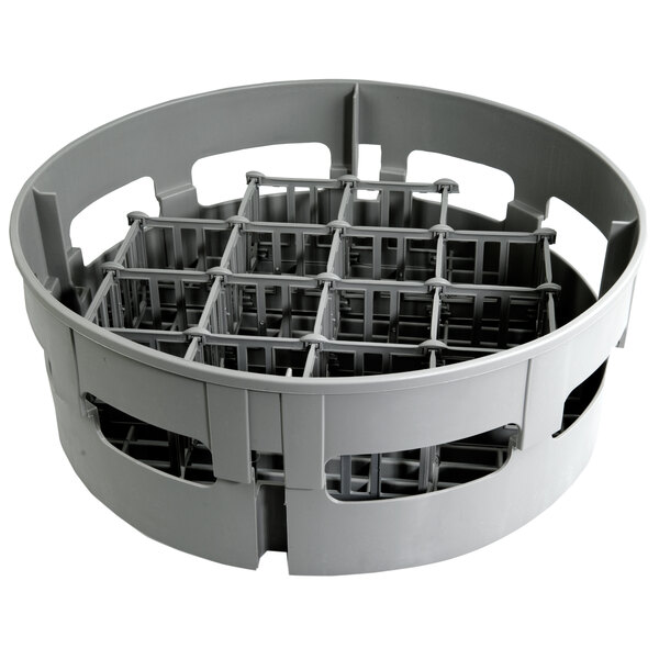 A gray plastic glass rack with 12 round compartments.