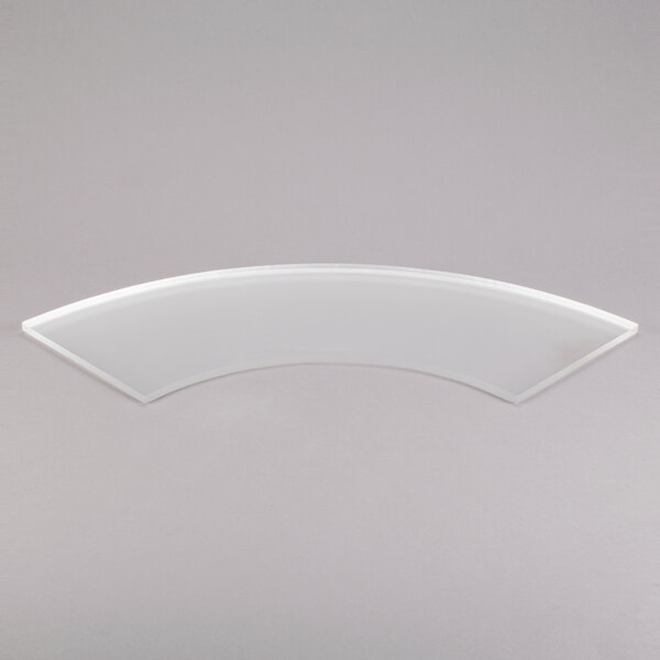 A white quarter circle Eastern Tabletop tempered glass buffet shelf.