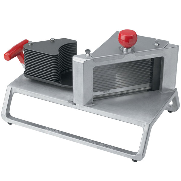 A Vollrath Redco InstaSlice vegetable cutter with a red handle.
