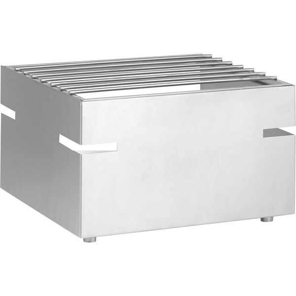A stainless steel rectangular box with metal slots on top and a metal grate inside.