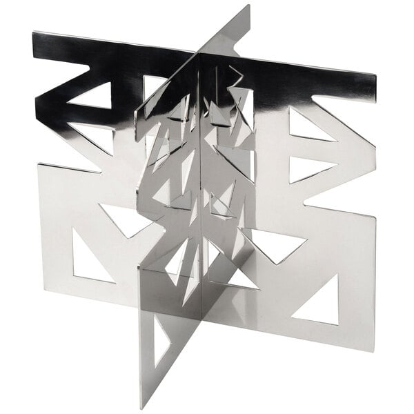 A stainless steel "X" shaped platform riser with cut out triangles in the shape.