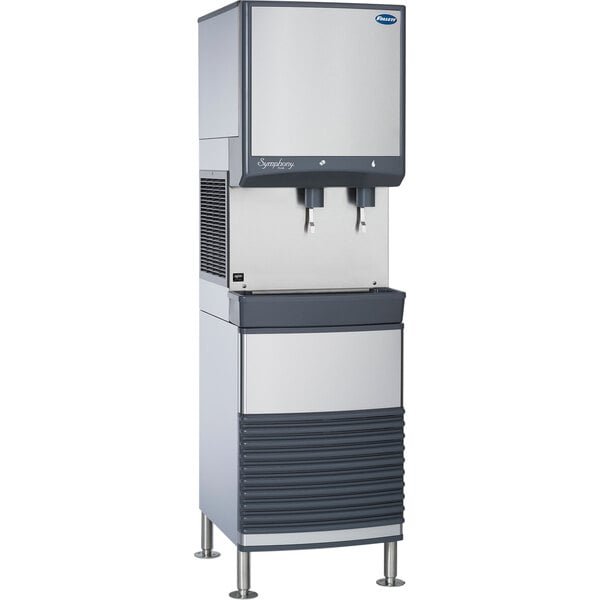 A Follett air cooled freestanding ice and water dispenser with a close-up of the machine.
