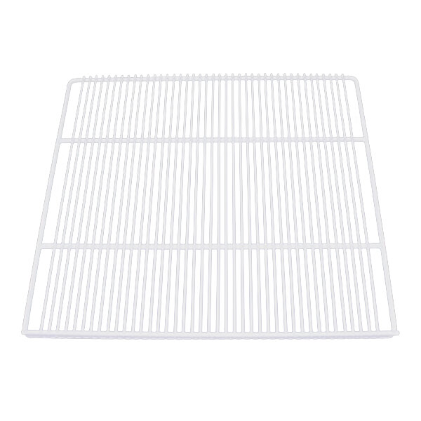 A white coated wire shelf with a grid on it.