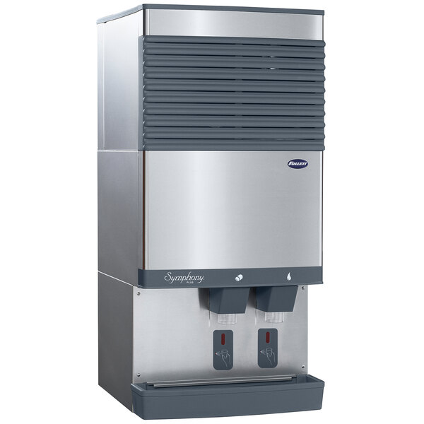 A stainless steel Follett countertop ice machine with two water dispensers.