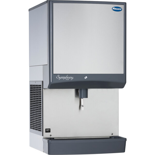 A large stainless steel rectangular water cooled ice maker and dispenser.