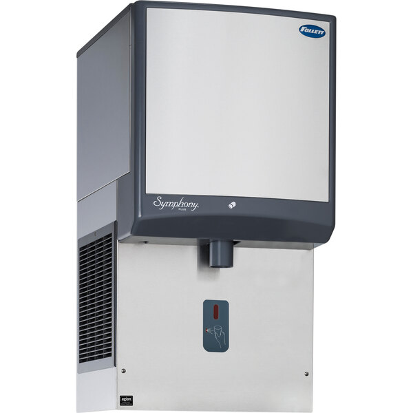 A Follett 25 Series air cooled wall mount ice dispenser with a white cover.