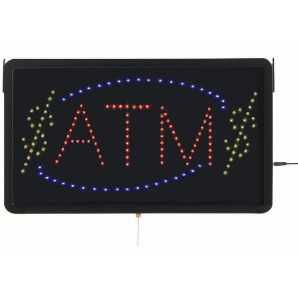 A black Aarco ATM LED sign with a white border and lit LED lights.