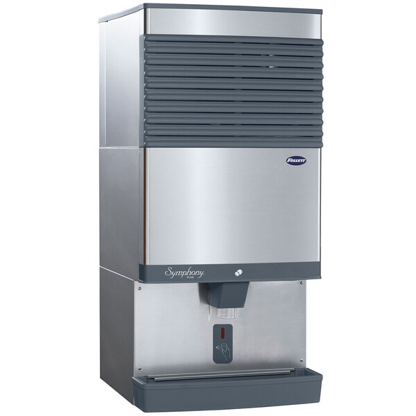 A silver and black Follett countertop ice machine with a water dispenser.