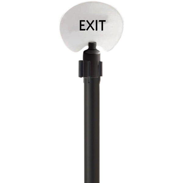 A white oval sign with black text that says "Exit" on a black pole.