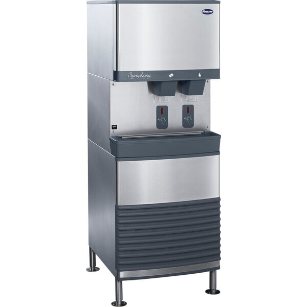 A silver stainless steel rectangular Follett ice maker and water dispenser with two ice cubes.
