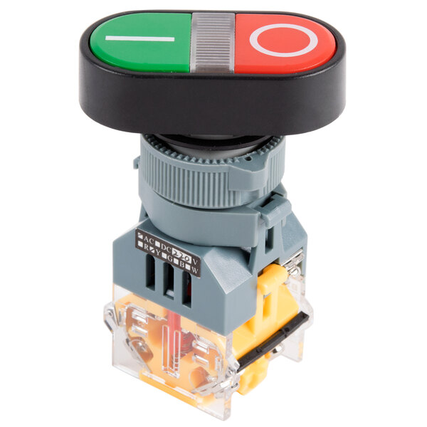 An Avantco on/off switch with a black and green button and a red button.