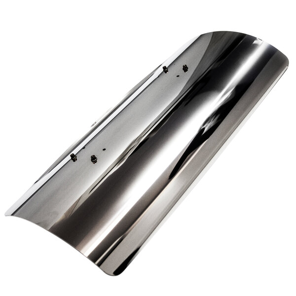A shiny stainless steel Bromic Heating heat deflector with screws and holes.