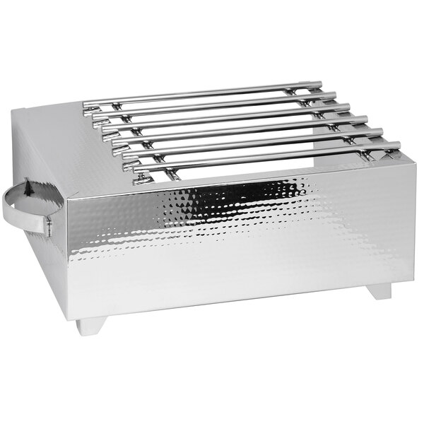 A silver metal rectangular cover with metal bars.