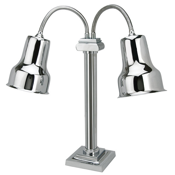 A silver Eastern Tabletop double arm heat lamp with two chrome metal lamps.