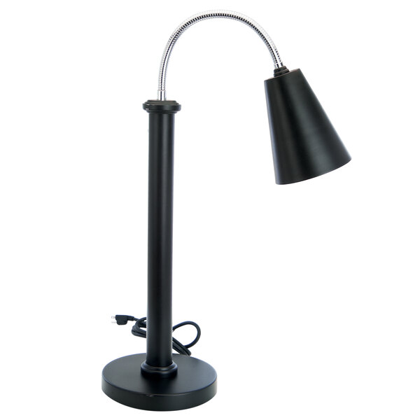 An Eastern Tabletop black countertop heat lamp with a metal pole.