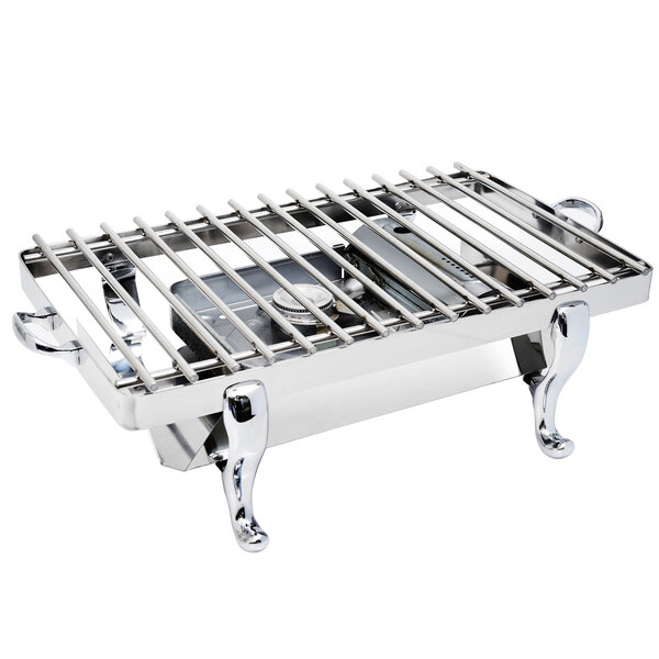 An Eastern Tabletop stainless steel grill stand with a removable grill top on a metal rack.