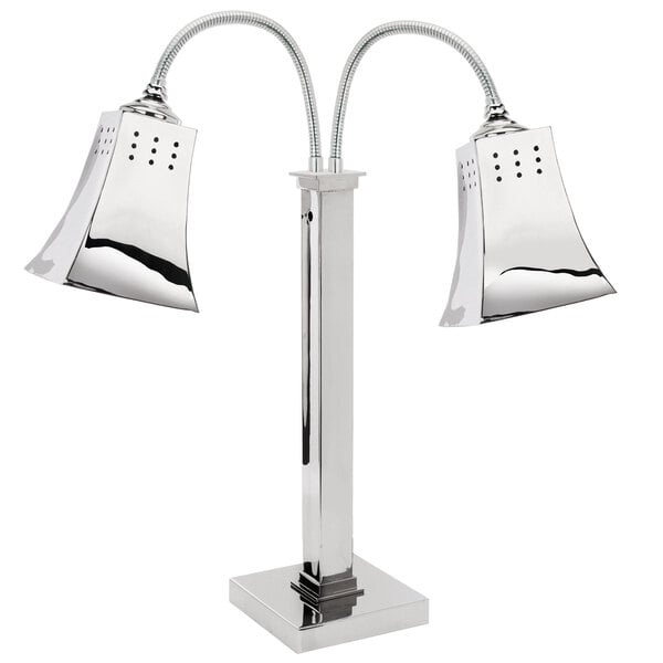 An Eastern Tabletop silver double arm heat lamp with two chrome lamps.