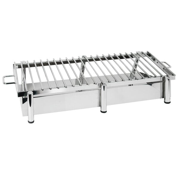 A stainless steel Eastern Tabletop grill stand with removable metal grate.