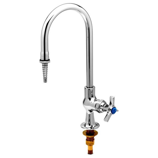A silver T&S laboratory faucet with a blue knob and yellow serrated tip.