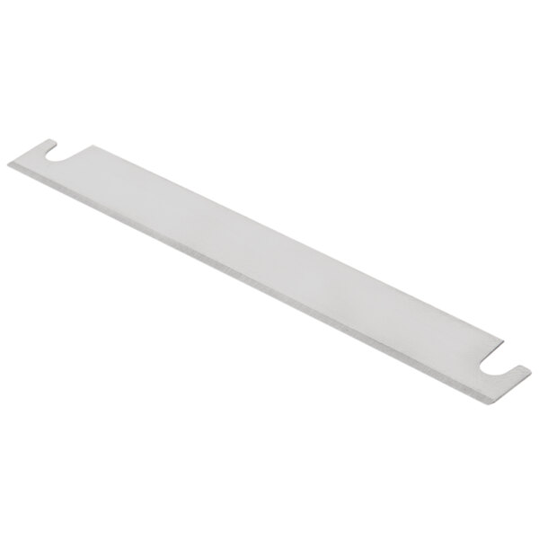 A long white rectangular metal strip with a small hole in the middle.