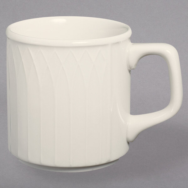 A white Homer Laughlin china mug with a curved handle.