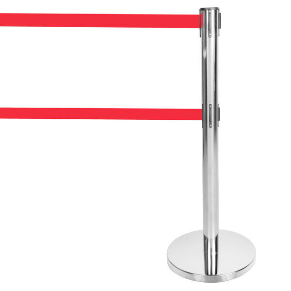 A silver Aarco crowd control stanchion with dual red retractable belts.