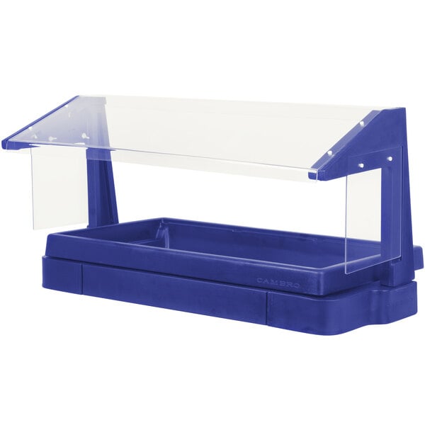 A navy blue plastic buffet and salad bar with a clear sneeze guard.