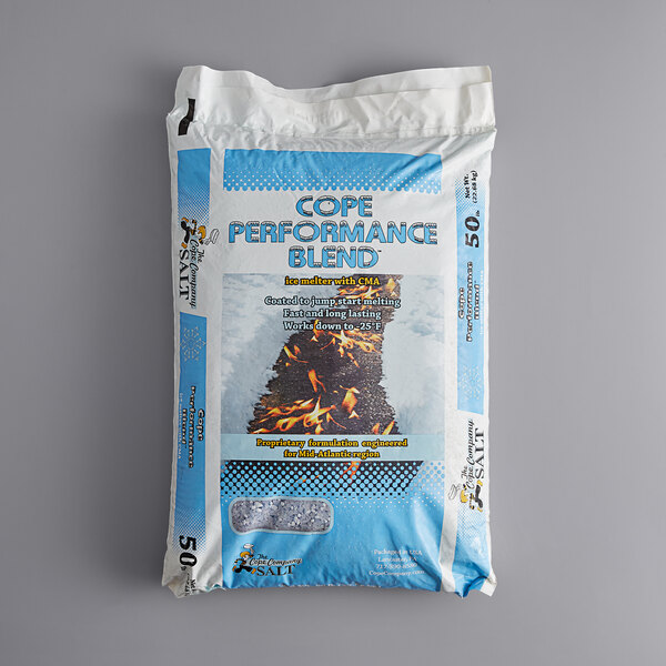 A 50 lb. bag of Cope Performance Blend Ice Melter with text and images.