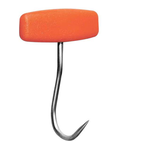 A Dexter-Russell T-shaped boning hook with an orange plastic handle.