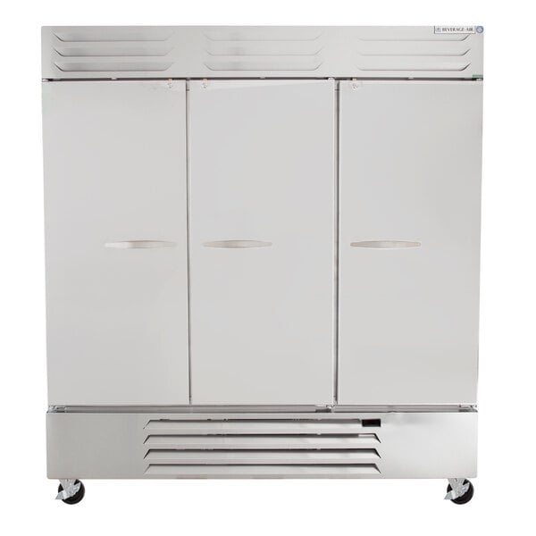 A white Beverage-Air reach-in refrigerator with three solid doors.