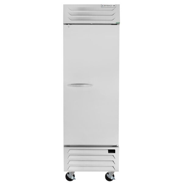 A stainless steel Beverage-Air reach-in refrigerator on wheels.