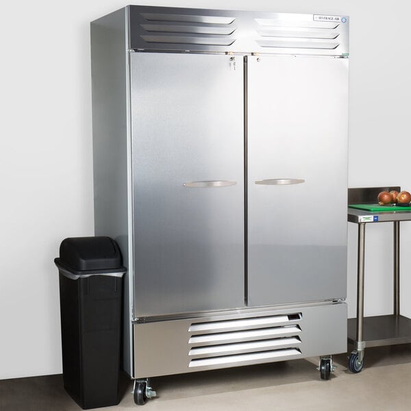 A silver Beverage-Air reach-in refrigerator with a solid door.