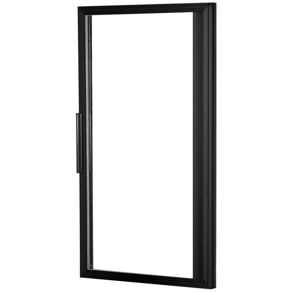 A black rectangular door assembly with a glass window.