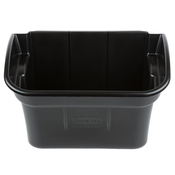 A black Rubbermaid plastic utility bin with a handle.