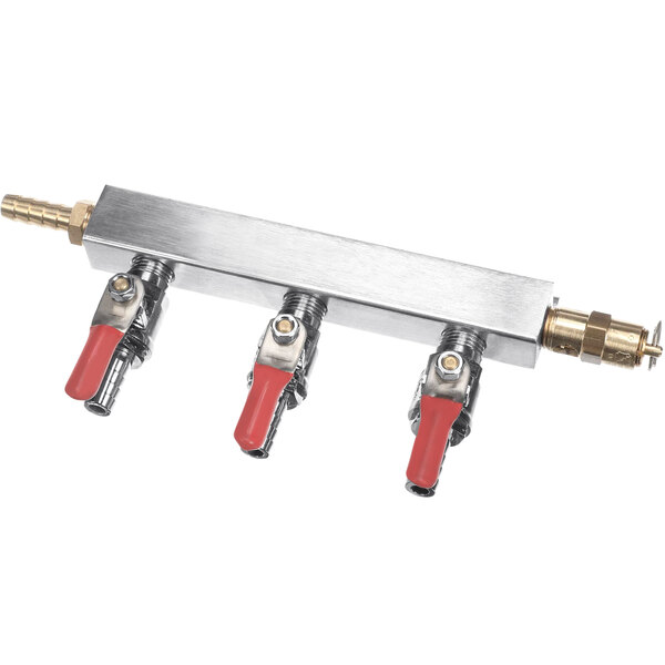 A metal panel with red handles for a Beverage-Air 3-way draft manifold.