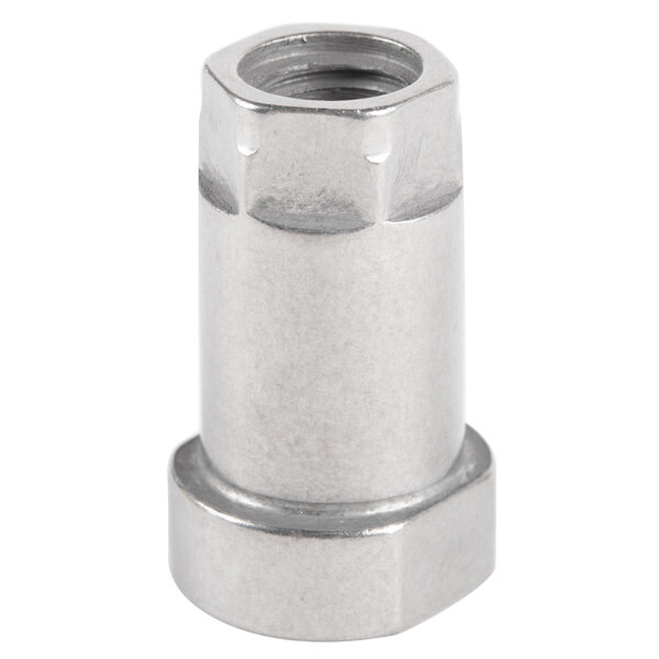 A silver metal nut with a metal pipe in the middle.