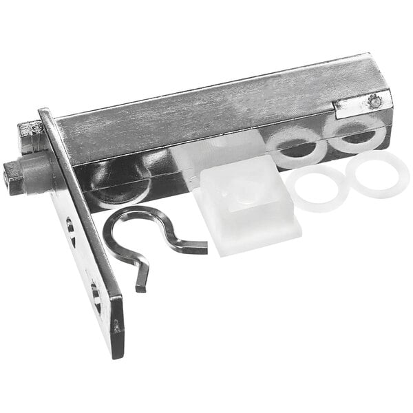 A Beverage-Air cartridge hinge kit with white plastic tubes and plastic rings on a metal piece.