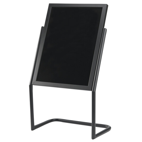 A black Aarco double pedestal sign stand with a black board.
